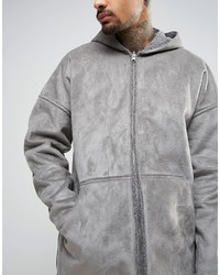 Asos Faux Shearling Reversible Hooded Jacket In Gray