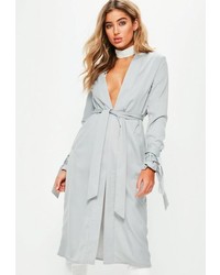Missguided Grey Tie Cuff Collarless Duster Jacket
