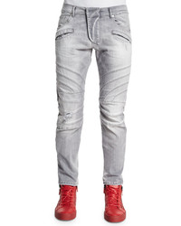 Pierre Balmain Five Pocket Moto Denim Jeans Light Gray