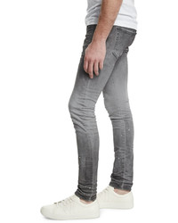 John Elliott Slim Paint Splatter Stretch Denim Jeans Gray