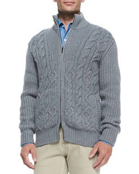 Loro Piana Baby Cashmere Cable Knit Zip Cardigan Gray