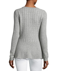 Neiman Marcus Cashmere Cabled Peplum Pullover Sweater Heather Gray