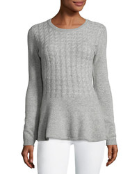 Neiman Marcus Cashmere Cabled Peplum Pullover Sweater Heather Gray
