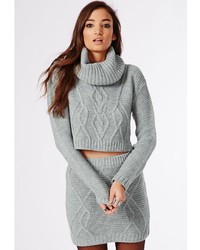 Missguided Aliya Roll Neck Cable Knit Crop Sweater Grey