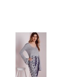 Missguided Bell Sleeve Button Up Knitted Crop Grey