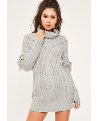 Missguided Grey Cable Fringe Sleeve Knit Mini Dress