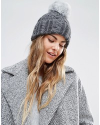 Helene Berman Cable Knit Beanie Hat With Faux Fur Pom Pom