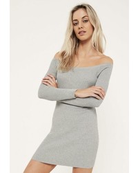 Missguided Grey Off The Shoulder Knit Ribbed Sweater Dress