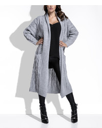Gray Cable Knit Pocket Open Front Sweater Duster