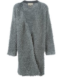 Women's Grey Knit Open Cardigan, White Turtleneck, Charcoal Wool
