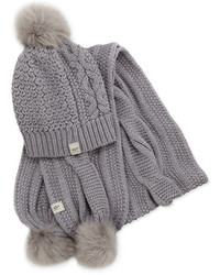 N.Y.L.A. Ugg Australia Nyla Cable Knit Scarf With Shearling Fur Pompom Gray