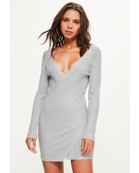 Missguided Grey Ribbed Wrap Over Mini Knit Sweater Dress