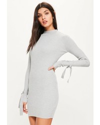 Missguided Grey Tie Sleeve Ribbed Mini Knit Sweater Dress