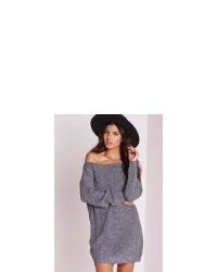 Missguided Ayvan Off Shoulder Knitted Jumper Dress Grey Marl