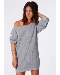 Missguided Ayvan Off Shoulder Knitted Sweater Dress Grey