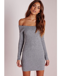 Missguided Off Shoulder Knit Ribbed Sweater Dress Grey