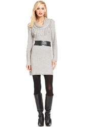 Ny Collection Fringed Cowl Neck Belted Sweater Dress