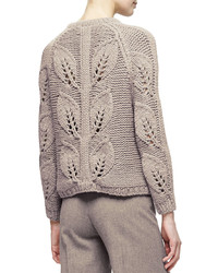 Lela Rose Leaf Knit Pullover Sweater Taupe