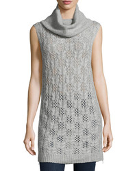 Neiman Marcus Cashmere Sleeveless Cable Knit Tunic Heather Gray