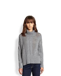Design History Open Weave Paneled Cable Knit Turtleneck Sweater Gentle Grey