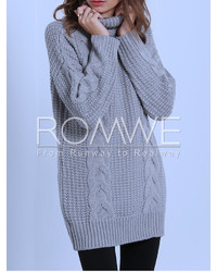 Grey Turtleneck Cable Knit Loose Sweater