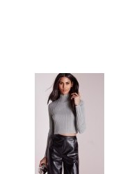 Missguided Long Sleeve Turtle Neck Knitted Crop Jumper Grey