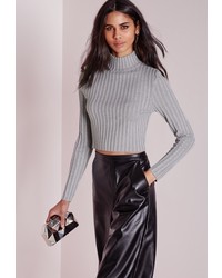Missguided Long Sleeve Turtle Neck Knitted Crop Jumper Grey