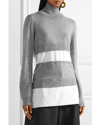 Marni Paneled Knitted And Poplin Turtleneck Sweater Gray