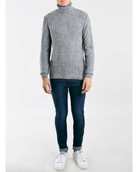Topman Gray Marl Cable Knit Turtle Neck Sweater