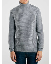Topman Gray Marl Cable Knit Turtle Neck Sweater