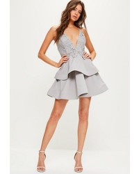 Missguided Grey Lace And Crepe Strappy Plunge Skater Dress