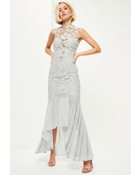 Missguided Grey Lace High Neck Mesh Fishtail Maxi Dress