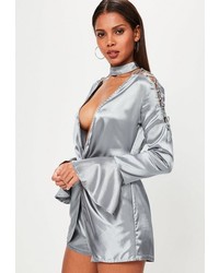 Missguided Grey 2 Piece Choker Lace Up Sleeve Satin Romper