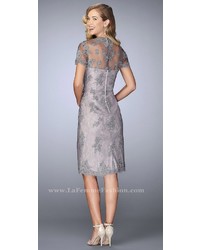 La Femme Sheer Short Sleeve Scalloped Lace Knee Length Dress