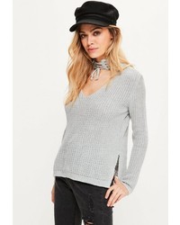 Missguided Grey Lace Up Choker Neck Sweater