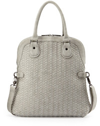 Neiman Marcus Distressed Woven Fold Over Satchel Bag Pale Gray