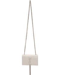 Saint Laurent White Croc Embossed Small Monogram Tassel Bag