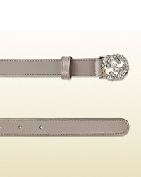 Gucci Thin Leather Belt With Crystal Interlocking G Buckle