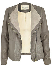 River Island Grey Leather Collarless Biker Jacket