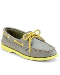 Sperry Topsider Shoes Cloud Logo Authentic Original 2 Eye Color Pop Boat Shoe Grey Leather Limelight