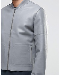 Asos Faux Leather Bomber Jacket In Gray