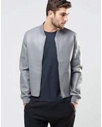 Asos Faux Leather Bomber Jacket In Gray