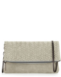 Neiman Marcus Distressed Woven Flap Top Clutch Bag Pale Gray