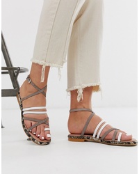 ASOS WHITE Buttercup Leather Py Flat Sandals In White And Grey