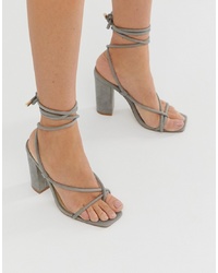 Public Desire Betty Grey Ankle Tie Toe Loop Heeled Sandals