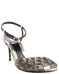 Fendi Grey And Black Leather Pyramid Spike Detail Anklestrap Heel Sandals