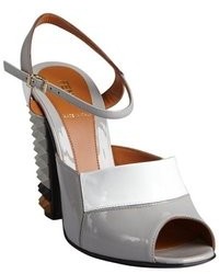 Fendi Grey And White Leather Spiked Stacked Heel Sandals