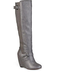 Journee Collection Skye Knee High Buckle Strap Wide Calf Wedge Boots