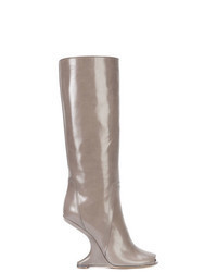Grey Leather Mid-Calf Boots
