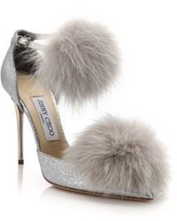 Jimmy Choo Dolly 100 Fox Fur Glittered Textile Ankle Strap Pumps